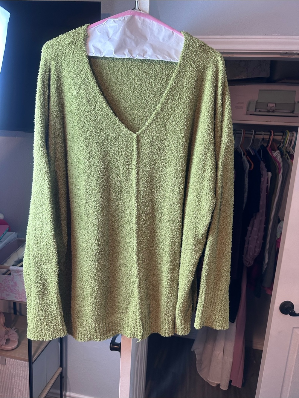 white birch Light Olive V-Neck Textured Sweater